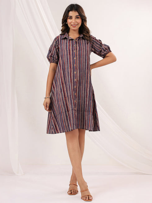 Janasya Women's Multicolor Pure Cotton Striped A-line Dress